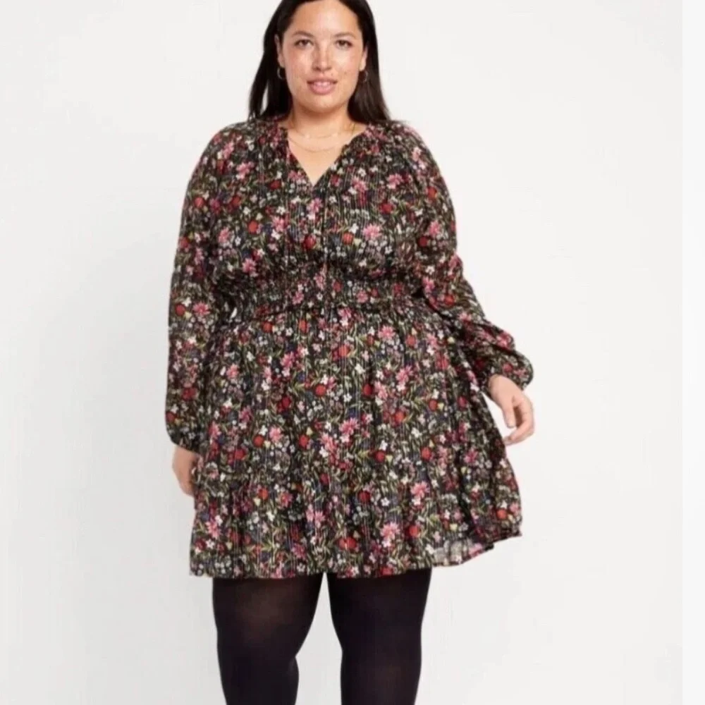 Old Navy NWT Long Sleeve Chiffon Waist Defined‎ Shine Floral Dress Size XXL Tall